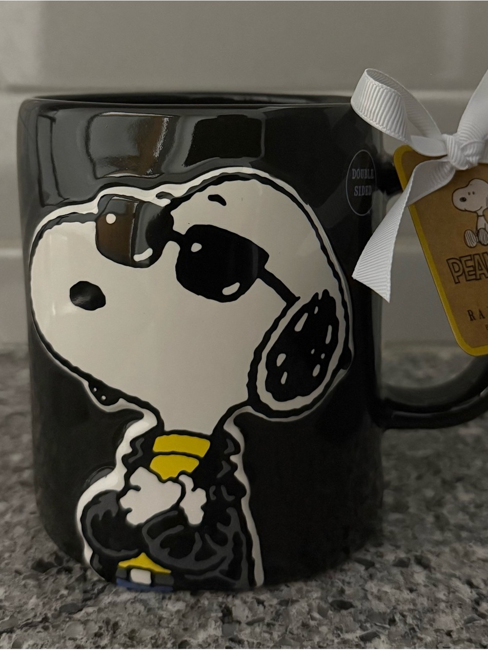 Rae Dunn Black Snoopy Sunglasses Ceramic Mug with Yellow Accent